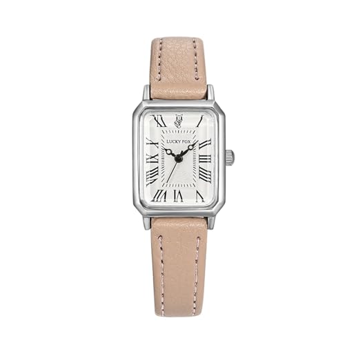 ALCENTIS Montre Femme Rectangulaire, Cadran Blanc, Chiffres Romains, Bracelet Cuir, Boîtier Chrome Argent (Bracelet Beige)