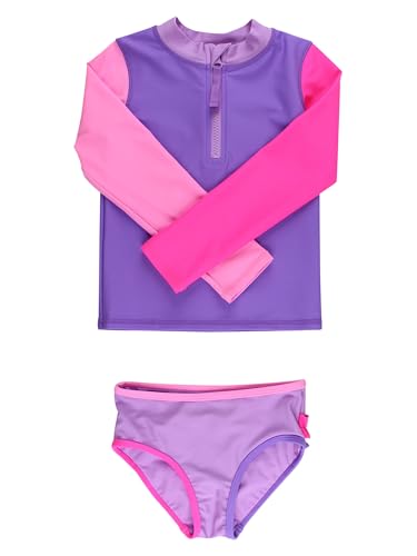 Image of RuffleButts Baby /Toddler Girls Long Sleeve Rash Guard 2 Piece Swimsuit Set w /UPF 50+ Sun Protection with Zipper