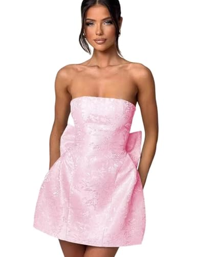 Suphod Strapless Homecoming Dresses for Teens Embroidery Satin Mini Cocktail Dresses with Bow Light Pink US6