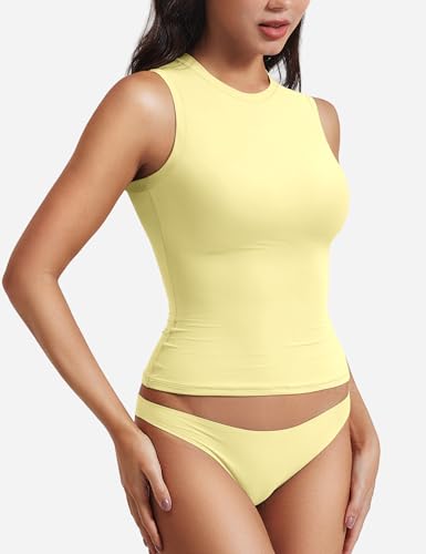 Image of YEOREO Women Basic Mock Neck Workout Crop Top Sleeveless Double Lined Tank Tee Slim Fitted Ruched Going Out Camisole