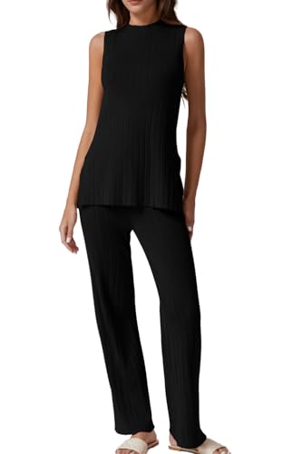 QINSEN Lounge Sets for Women Two Piece Outfits Knit Sleeveless Tops Wide Leg Pants Sweater Sets Black L