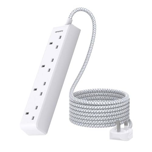 3M 4 Way Extension Lead, HANYCONY Plug Extension Socket with Braided Cable, Heavy Duty Power Strip 13A 3250W, Multi Socket Adapter for Home, Office, Living Room, Camping Essentials, White