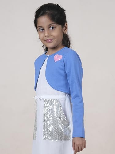 Image of KiddoPanti Girls Fleece Crop Length Shrug | Cotton Poly Fleece Fabric |Sequin Patch on Chest | Front Open Pearl Button Closure | Crop Length, Full Sleeve | Lightweigth & Breathable Girls Shrug