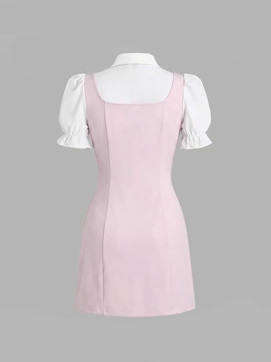 Image of Women Short Dresses 2 In 1 Colorblock Turndown Collar Lantern Sleeve Black Suit Cute Dress