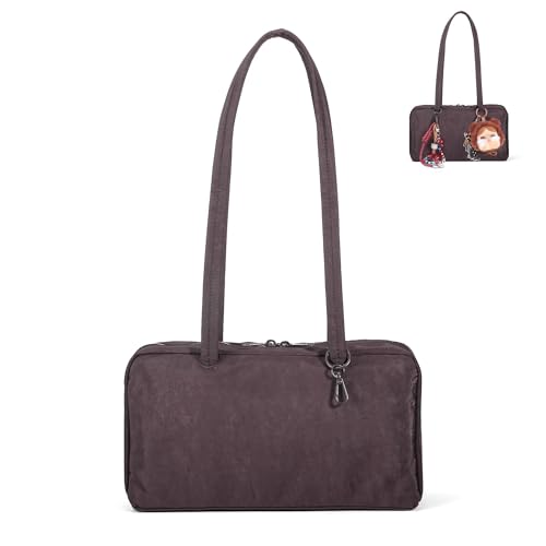 FASTFAIRY Slouchy Lightweight Bowler Bag: Small Chocolate Plum East-West Design With Charm Loop - Everyday Use Outings