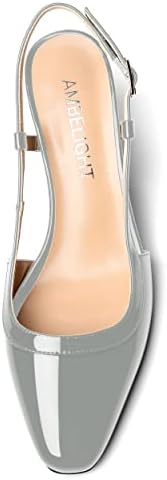AMBELIGHT Women's Wedding Mid Heel Buckle Square Toe Patent Solid Dress Chunky 2.5 Inch Slingback Pumps Shoes Grey Size 6 - Tacones Altos para Mujer | Image 2
