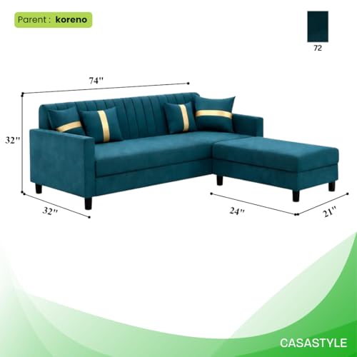 Image of CASASTYLE Korion 4 Seater L Shape Sofa Set with Movable Ottoman | Flexible Left or Right Layout | Cozy Velvet Fabric | Soft Touch Seating | Modern Designer Sofa for Living Room (Greenish Teal)