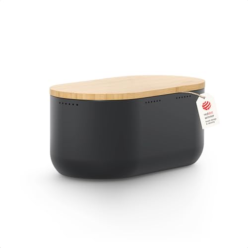 Image of LARS NYSOM Bread Box I Metal bread box for long lasting freshness with non-slip pads I Baked goods Bin with bamboo lid usable as cutting board I 13.6x7.3x6.2in (Carbon Black)