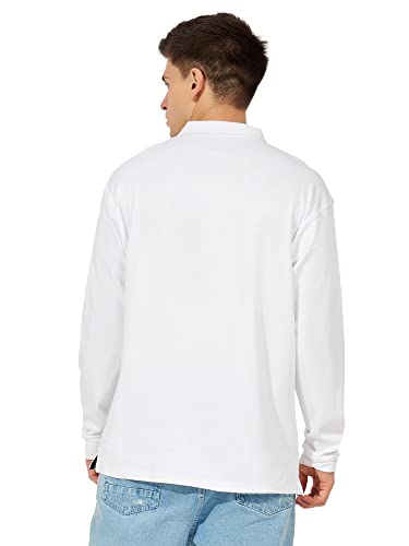 Image of Maniac Mens Printed Polo Neck Full Sleeve White and Blue Oversized Fit Cotton T-Shirt