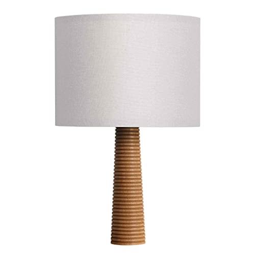 Dezaart Mid-Century Modern Wood Table Lamp (10”) – Hand-Carved Massif Beech Wood Stand/White Lamp Shade / E14 Light – Lighting For Living Room, Bedroom & Hallway #TOP20