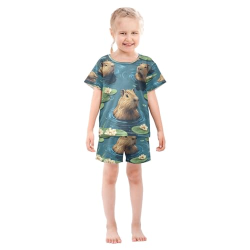 Pajama Sets Short Sleeve Cute Swimming Capybara Pattern Soft Cotton Summer Sleepwear 2 Piece PJS Size 5-14T4