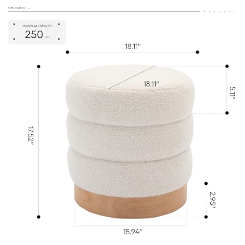 COLAMY Sherpa Ottoman Footstool, Tufted Modern Foot Rest Stool with Wood Base for Living Room, Bedroom, Desk, Round Versatile Side End Table, Pouf, Makeup Seat, Cream