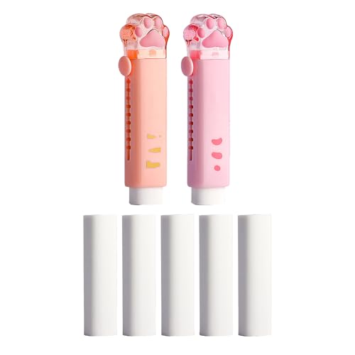 GZBABY Borradores retráctiles en forma de pata de gato, paquete de 2, borradores de empuje y tracción con 5 recambios de goma, compactos y portátiles (rosa, naranja)
