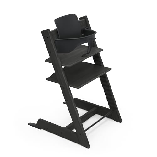 Tripp Trapp High Chair from Stokke - Oak Black Chair with Black Baby Set - Adjustable, Convertible Chair for Children & Adults - Ergonomic & Classic Design.