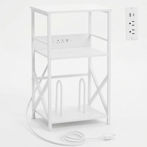 DALEMHOME Record Player Stand with Charging Station 3-Tier Side Table for 100 Vinyl Storage End Table for Living Room Bedroom White HKET1001WT