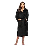 Teemie Bademantel Damen Morgenmantel Mit Kapuze Lang Saunamantel Flannel Leichter Velours Aufgesetzte Taschen Kuschelige Loungewear Nachtwäsche Schwarz S/M