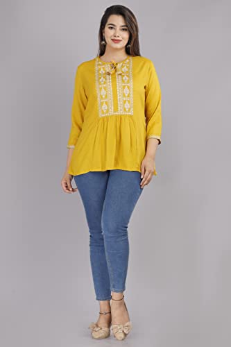 Image of Shiva Fab Short Kurti for Women | Embroidered Straight Rayon Kurta | Round Neck Full Sleeves Short Kurti for Women's
