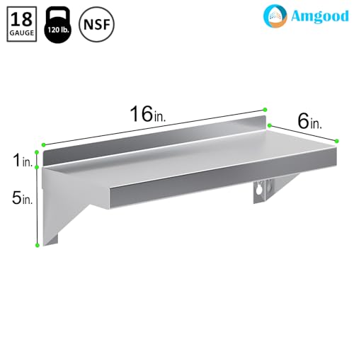 Image of AmGood Stainless Steel Wall Shelf | Appliance & Equipment Metal Shelving | Kitchen, Restaurant, Garage, Laundry, Utility Room | Heavy Duty | Squared Edge | NSF Certified (06 inch Width x 16 inch Length)