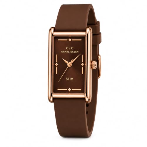 Image of CHARLIEKEEN Slim Rectangular Mens Analog Watch (Brown, Brown, Rose Gold) | SILICONE STRAP