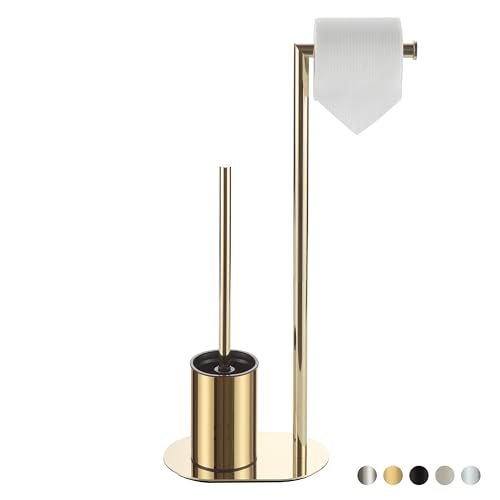 BVL Soporte para Papel Higiénico Y Escobilla Oro, Soporte para Papel Higiénico con Escobilla de Acero Inoxidable, Diseño Elíptico Portarrollos de Papel Higiénico de Pie con Escobillero