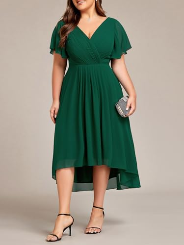 Image of Ever-Pretty Plus Summer Short Sleeves V-Neck Formal Wedding Guest Dresses for Curvy Women Chiffon Midi Cocktail Party Dress