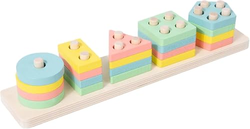 Image of SHINETOY Rainbow 5-Column Wooden Sorting & Stacking Toy | Color & Shape Recognition Blocks | Montessori Educational Toy for Toddlers, 21pcs