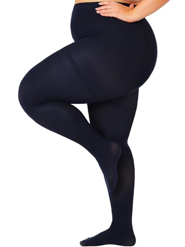 Image of Plus Size Opaque Tights for Women 240D Soft Solid Color Footed High Waist Control Top Pantyhose