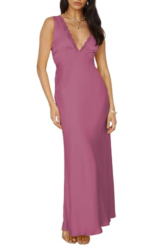 Image of BAGONE Summer Satin Lace V Neck Backless Formal Wedding Guest Maxi Dresses