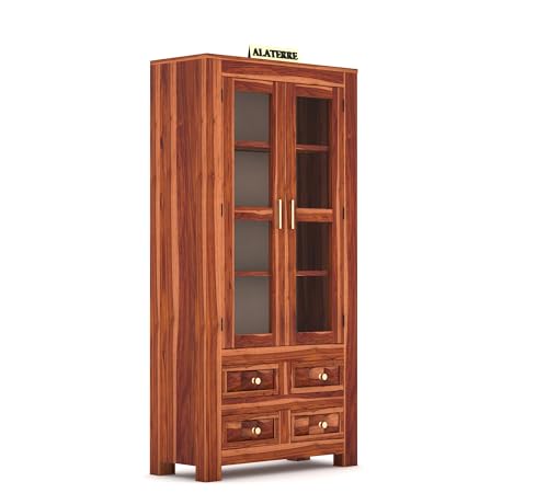 Image of Wood Book Shelf with Glass Door, Wooden Bookshelf for Home Library, Kitchen Crockery Cabinet, Study Room Furniture, Books Rack, Book Stand, Wooden Bookcases,Honey Finish