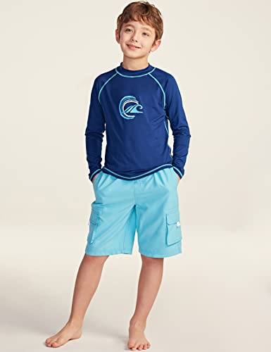 Tsla Boys Upf 50+ Rash Guard Long Sleeve, Uv Sun Proctection Water Swim Shirts, Surf Swimwear Swimsuit Top, Wave Circle Navy & Aqua, 14 #TOP3