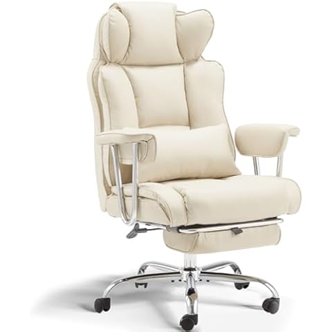 ZZWHOM Big and Tall Office Chair with Foot Rest Comfortable Executive Reclining Office Chair Large Leather Chair with Adjustable High Back Heavy Duty for Heavy People up to 400lbs Beige White Cover