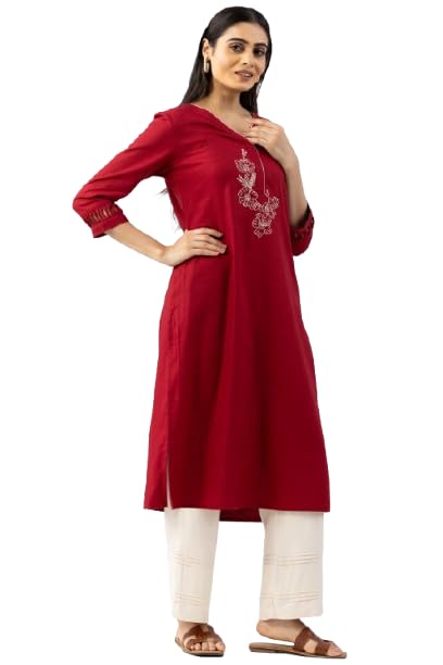 Red Embroidered Viscose Twill Winter Kurti for Women | V-Neck 3/4th Sleeve Warm Winter Wear Kurti-image-29