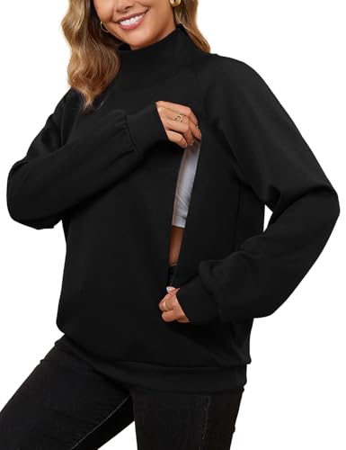 Bhome Nursing Sweatshirt for Breastfeeding High Neck Long Sleeve Nursing Shirt Zipper Maternity Pumping Top Pullover, Black, M