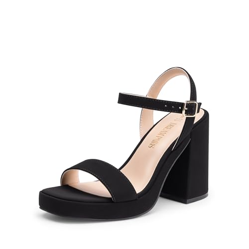 DREAM PAIRS Heels for Women Block Chunky Platform High Heels Open Toe GISELLE Fashion Wedding Party Evening Prom Dance Ankle Strap Dress Pump Sandals Shoes,Size 8,Black-Nubuck