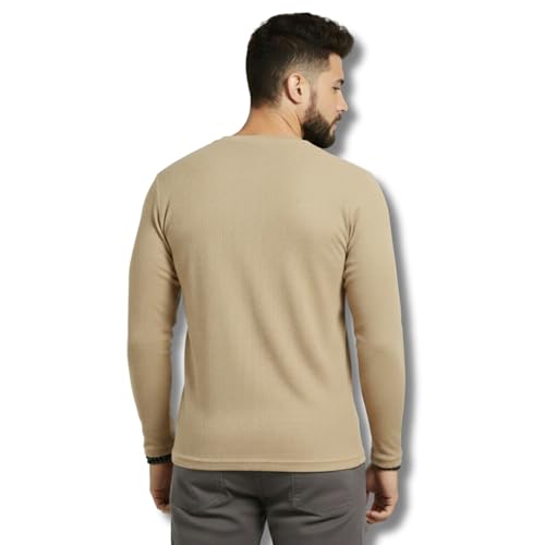 Image of Men's Cotton Round Neck Full Sleeve Pure Cotton Round Neck Regular Fit Solid Full Sleeve T-Shirt for Men & Boys Waffle Fabric t-Shirt Beige