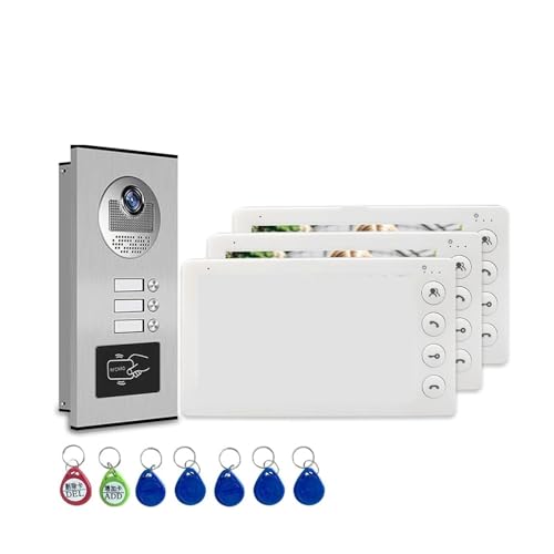 NGBFF Video Timbre, Videoportero multifamiliar de 2, 3 y 4 Unidades con desbloqueo por Tarjeta RFID, de videoportero de 7 Pulgadas y 4 Cables.(3 Unit Intercom Set)