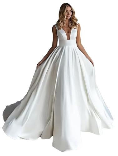 Women’s Satin Wedding Dress for Bride 2024 A Line Sleeveless Long Train Bridal Dress with Bow Formal Dress