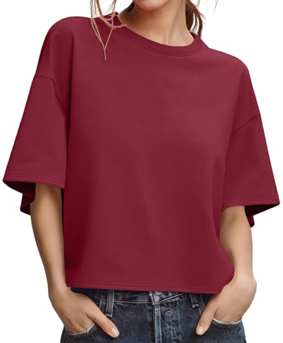UNCLECAT Womens Oversized T Shirts Summer Short Sleeve Cropped Tops Workout Crewneck Causal Tee Burgundy