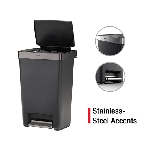 Image of Rubbermaid Premier Series IV Step-On Trash Can for Home and Kitchen, 12.4 Gallon, Stainless Steel Lid Charcoal, for Home /Kitchen /Garage /Apartment /Office