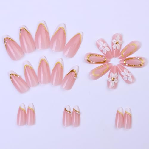 Image of NBNTGH Press on Nails with White Flower Design Gold Line Fake Nails Pearl Decor Stick on Nail Glossy Full Cover for Women Manicure 24Pcs