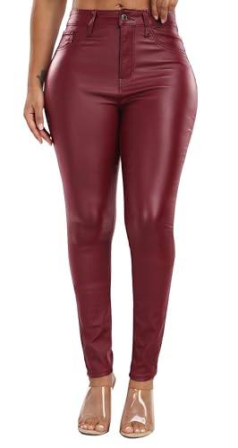 Womens High Waisted Stretch Faux Leather Pants PU Coated Legging Juniors red (093-red 13)