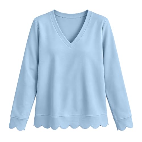 Oversized Scalloped Sweatshirt for Women Casual Pullover Tops Blue L - image 4