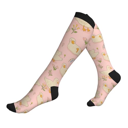 JDNFDR Calcetines deportivos para hombre, diseño de dibujos animados, diseño de flores de pato, color rosa, para senderismo, fútbol, escalada