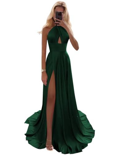 BOLENSYE Satin Prom Dresses Long Halter Keyhole Bridesmaid Dress with Pockets Split Formal Evening Gown
