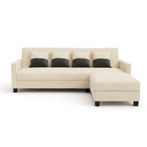 Image of Koro 5 Seater L Shape Sofa Set with Movable Ottoman | Flexible Layout | Luxury Velvet Suede Fabric | Modern Living Room Sofa | Cream
