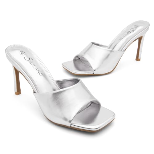 Image of Shoe Land Melrose Women's High Heels Stiletto Heeled Slides, Square Open Toe One Band Slip-On Heeled Mules - Dressy Clear Heeled Sandals for Prom Party Wedding and Vacation