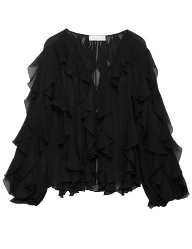 Shiyifa Blusa transparente con volantes para mujer, cuello en V, gasa transparente con volantes, tops de verano para salir, Negro -, M