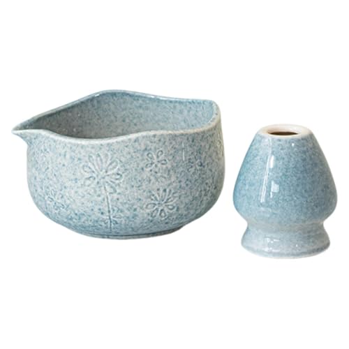 日本製 手作り 陶器 抹茶碗 450ml 青 注ぎ口付き 陶器茶碗 互換性あり (ブルー)