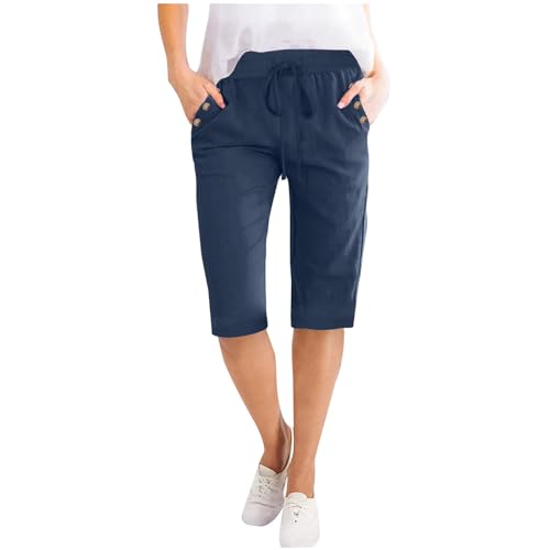 FOCLMP Womens 2024 Causal Summer Linen Pants Baggy Short Pants Dressy Causal Capri Trendy Vacation Outfits with Pockets Plus Size Palazzo Pants for Women Dressy Navy S