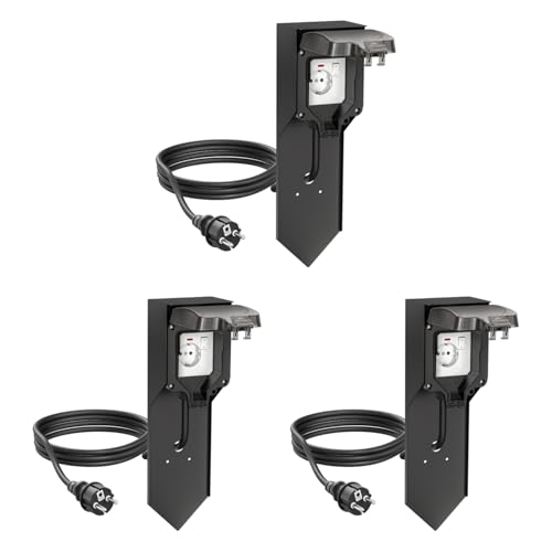 ledscom.de 3 pièces Colonne de Prises POXO avec Piquet de Terre et 2m de câble pour l'extérieur, IP65, 1x, Noir, carré, 40cm